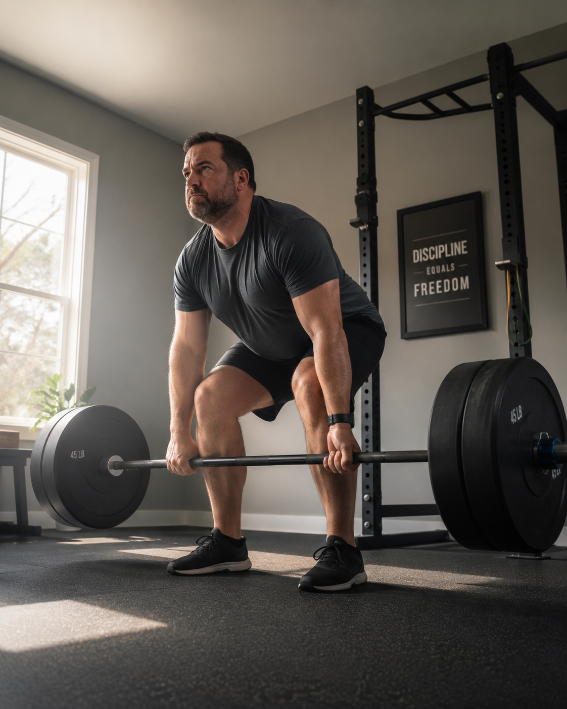 Parent in his 40s completing a strength workout at home
