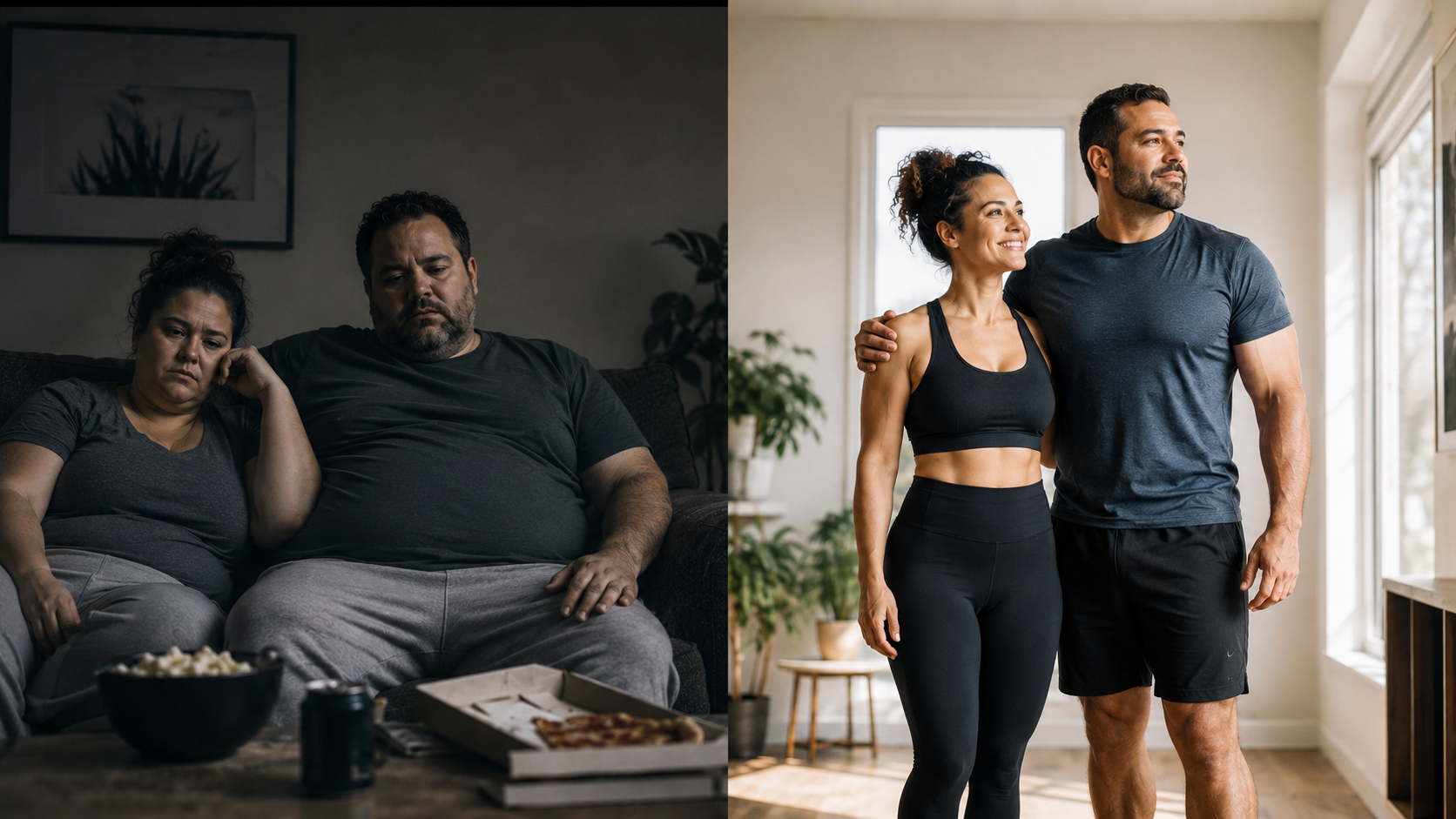 Multiracial couple shown before and after improving their health and fitness