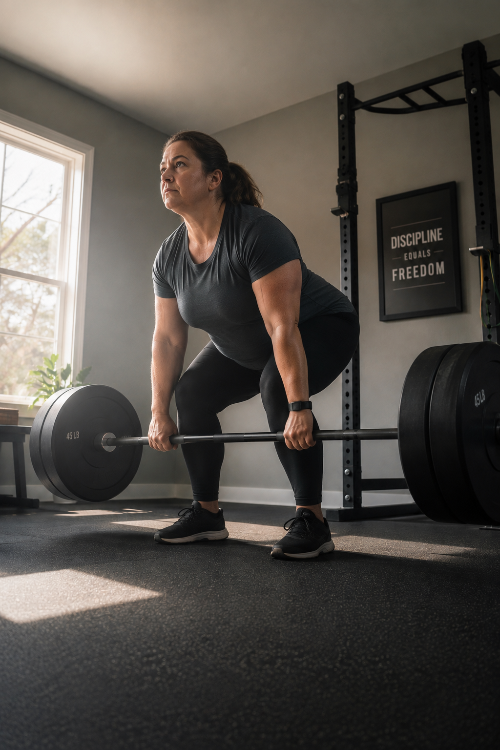 Woman performing a deadlift in a minimalist home gym