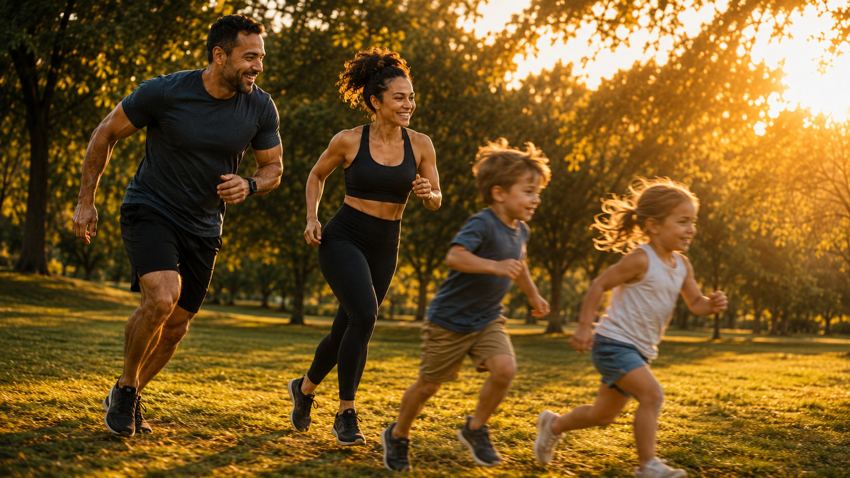 Healthy parents playing outside with their children